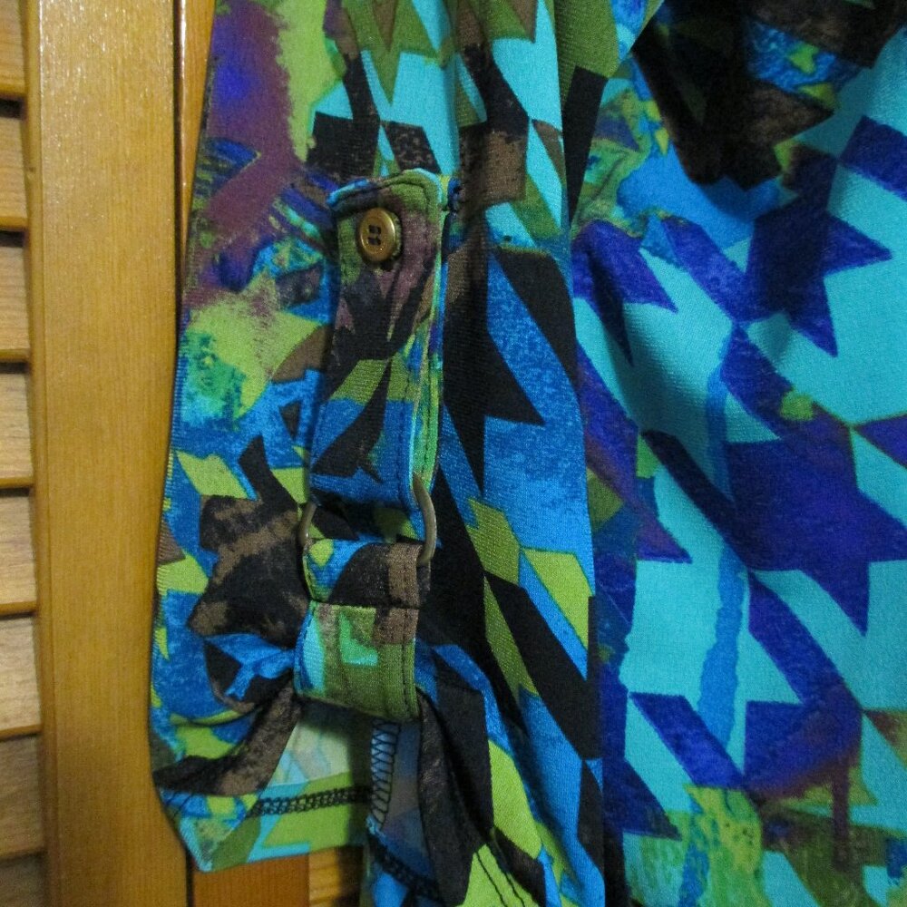 Kim Rogers top bold blues & greens, soft & stretchy button down casual size L - Picture 4 of 7
